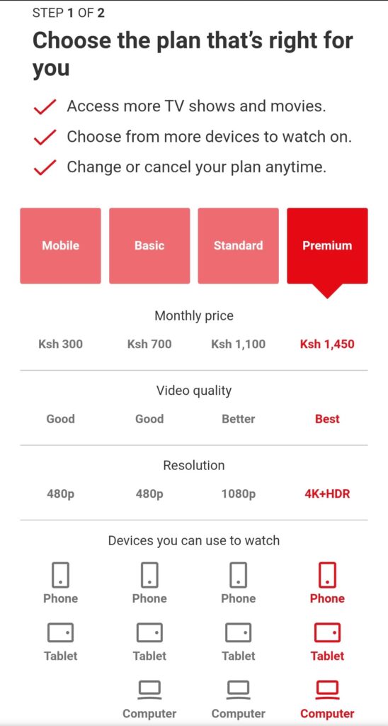 Netflix plans screenshot on a phone