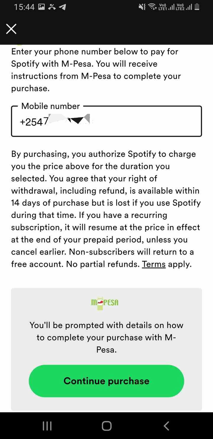 Paying for Spotify using MPESA