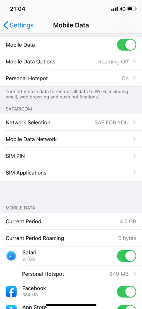 iPhone mobile data settings
