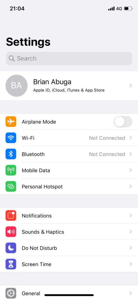 iPhone settings menu