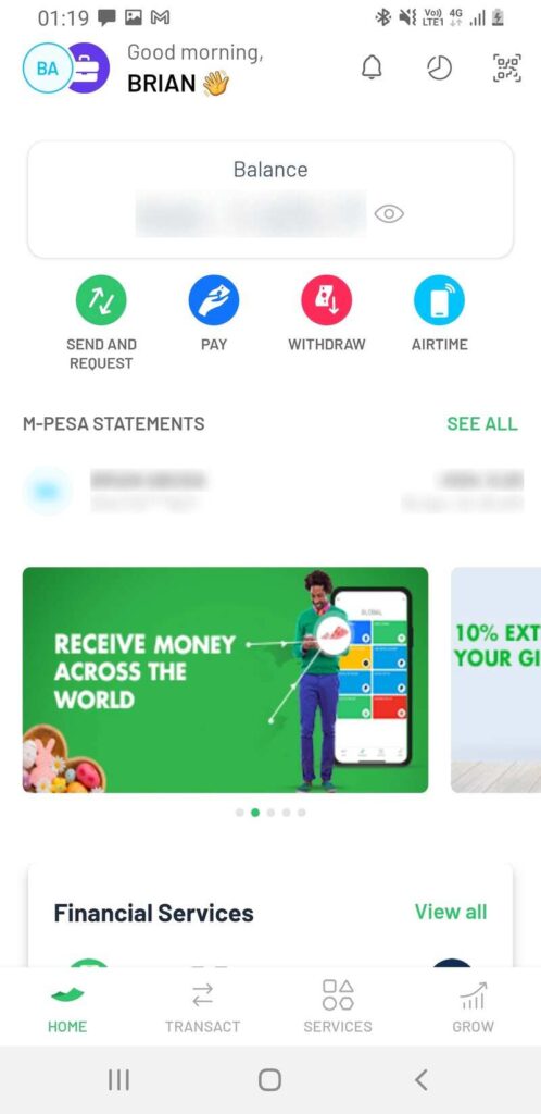 M-PESA app homepage