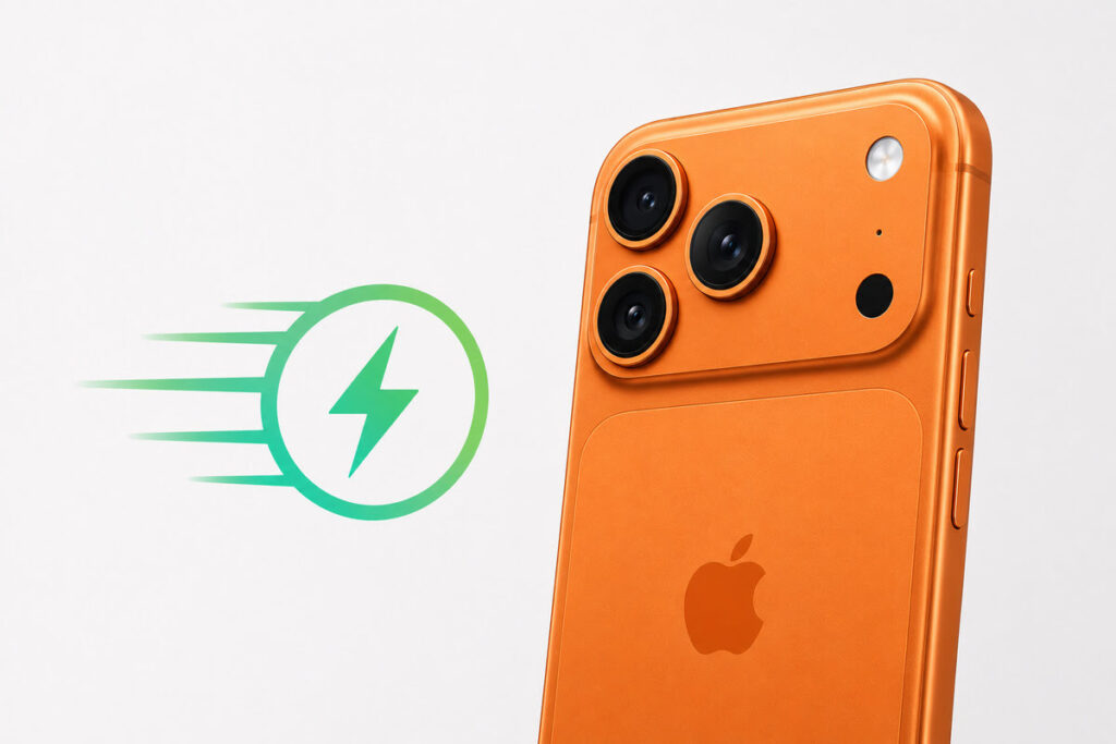 an orange iphone and fast charging graphic