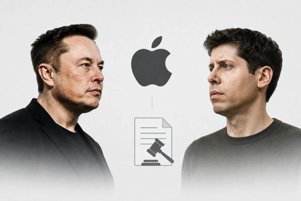 Musk and altman with apple logo in the background